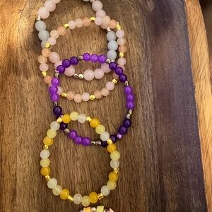 Elegant Beaded Bracelet Set - Purple, Yellow, Pink, Gold HANDMADE Set of 6